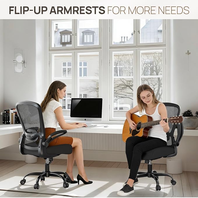 Mimoglad Ergonomic Office Chair, Comfortable Desk Chair with Flip-up Armrests, Adjustable Lumbar Support, 135° Reclining Mesh Computer Chair for Home Office, Small Spaces and Team Office, Black | Supports 300 lbs · Seat 19.48"–23.4" · Breathable mesh ·...