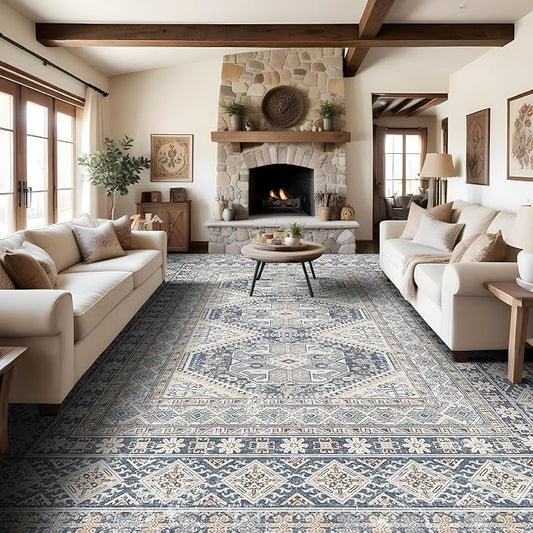 10x14 Area Rug for Living Room: Vintage Oriental Washable Rug for Bedroom Dining Room with Non Slip Rubber Backing Stain Resistant Low Pile Large Carpet Home Office (Blue, 10x14)