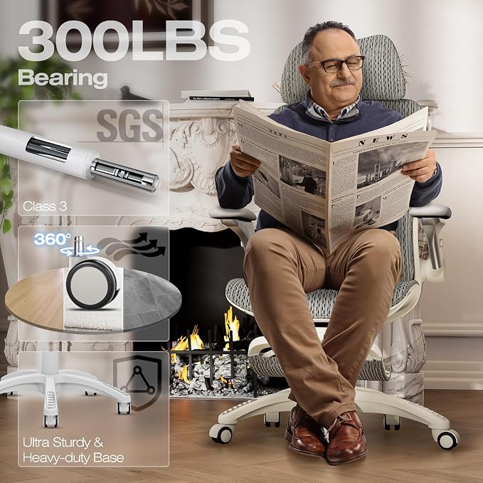 ELABEST X100 Ergonomic Mesh Office Chair with Footrest, Big and Tall Home Desk Chair with 5D Flip-Up Arms, Adjustable 3D Lumbar Support, Gaming & Executive Computer Chair, First Light