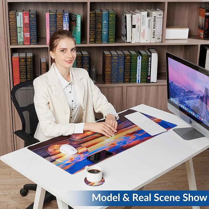 Desk Mat Set + Keyboard and Mouse Pad with Wrist Rest Support,4-in-1 Large Mousepad Computer Mats for Desktop Home & Office-Golden Beach