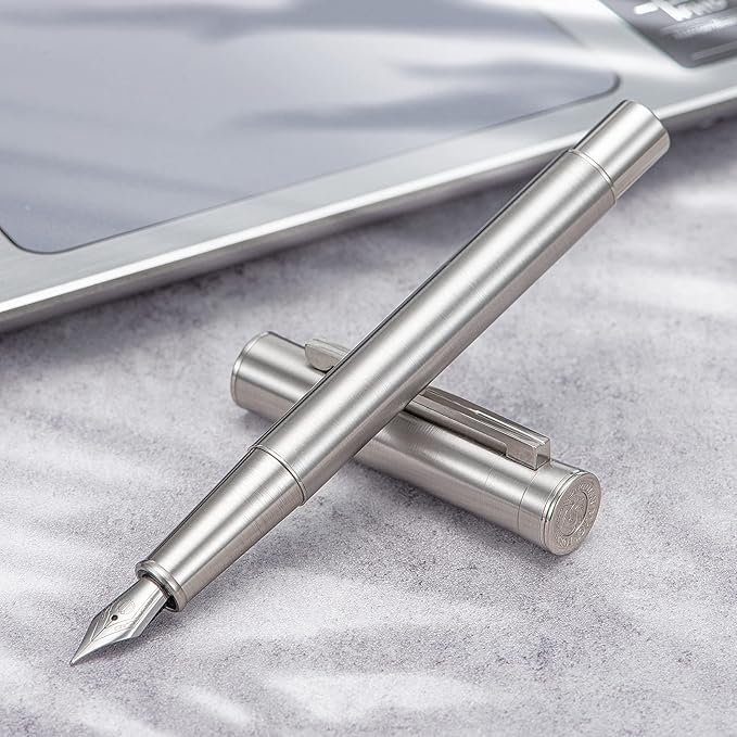 Hongdian 1861 Stainless Steel Fountain Pen Extra Fine Nib, Classic Design Smooth Writing Pen with Converter and Metal Pen Case Set
