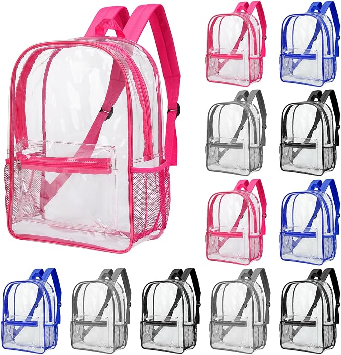 MADHOLLY 12 Pack Bulk Clear Backpack for School - 17" Large Transparent Bookbag for Kids/Girls/Boys/Charity/Stadium/Back to School Supplies, with Front and Side Bottle Pockets