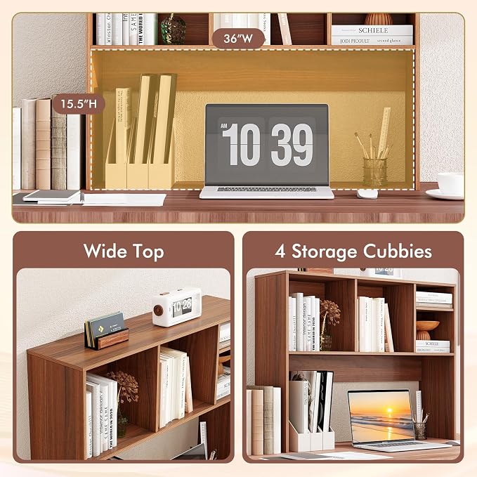 Tangkula Desktop Bookshelf, Countertop Storage Hutch with 4 Shelves for Computer Desk, Desktop 2-Tier Display Rack, Multipurpose Wood Desk Hutch Storage Organizer for Dorm Office Home (Walnut)