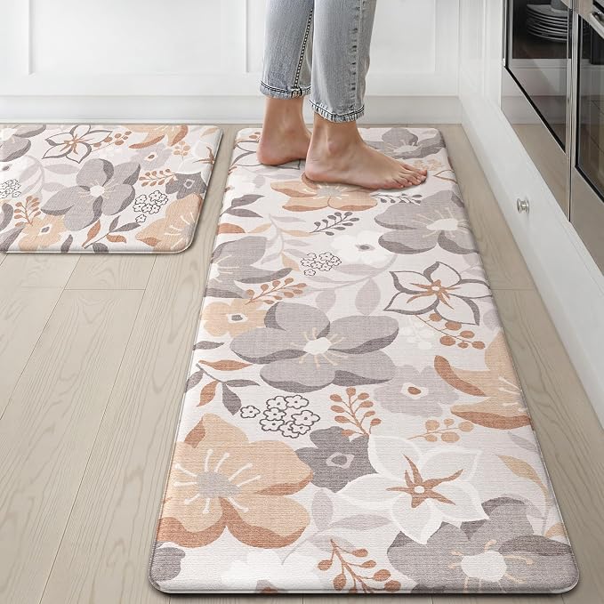 GENIMO Anti Fatigue Kitchen Mats for Floor 2PCS, Cushioned Standing Mats | 17.3"x47"&17.3"x30", Grey vintage floral rug set, waterproof, non slip, easy-clean for farmhouse