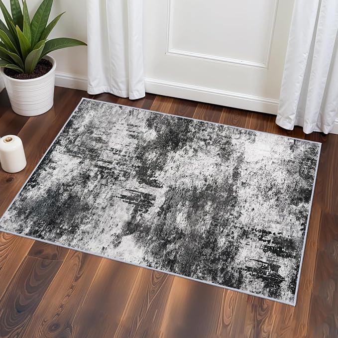 RUUGME 2x3 Abstract Area Rug: Small Washable Entryway Rug Indoor Non Slip Stain Resistant Kitchen Floor Mat for Sink Bathroom - Soft Low Pile Modren Thin Throw Carpet for Home Decor (2x3 Black-White)
