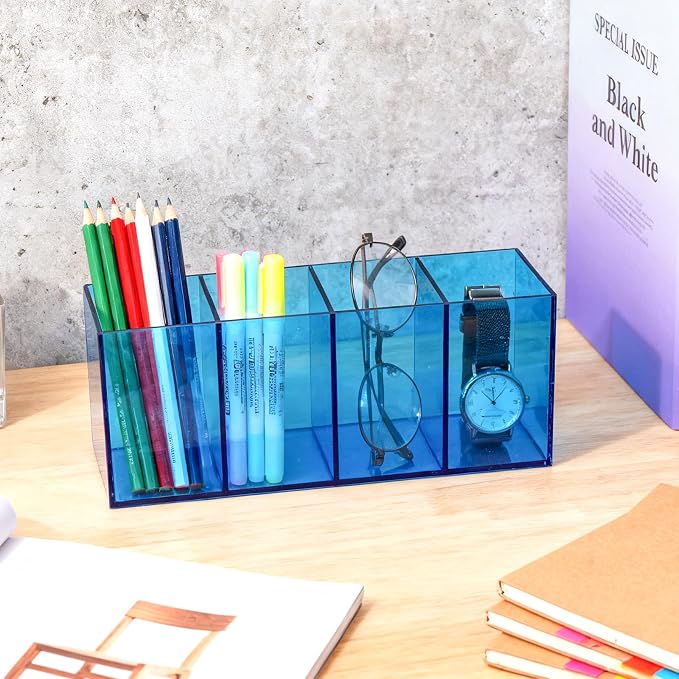 Pen Holder for Desk Neon Acrylic Pencil Holder Cup Makeup Brush Storage Organizer for Vanity, Blue