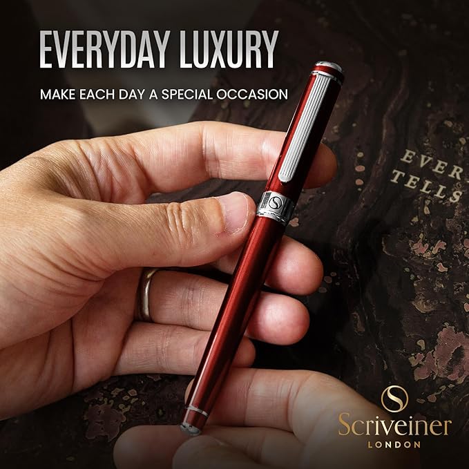 Scriveiner Deep Crimson Red Rollerball - Luxury Pen with Chrome Finish and Red Lacquer, Includes 4 Black Fine Rollerball Refills