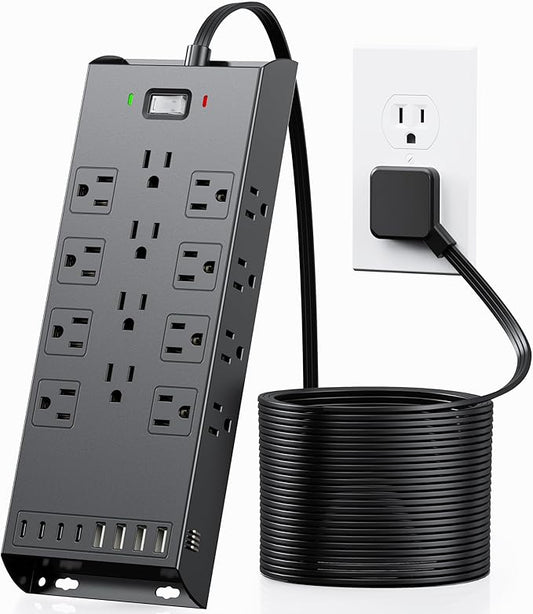 Surge Protector Power Strip 4800J, LeZone 10Ft Long Extension Cord Flat Plug, 20 Outlets 8 USB Ports(4 USB-C), Wall Mountable, Desk Charging Station, Black