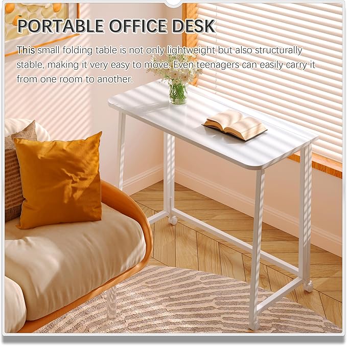 4NM 31.5" Mobile Small Folding Desk, Foldable Rolling Computer Home Office Desk, Study Writing Table for Small Space Saving Bedroom, with Wheels - All White