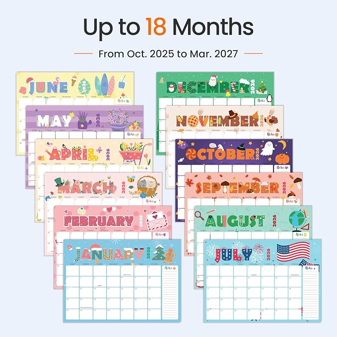 SUNEE 2026 Desk Calendar, 18 Months from Oct. 2025 to Mar. 2027, 17"x12" Academic 2026 Calendar for Home, School, or Office - 2026 Monthly Calendar with Note, Cute