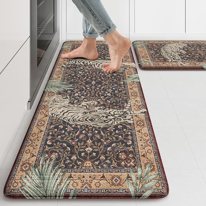 KIMODE Anti Fatigue Kitchen Mats for Floor 2 Piece, Farmhouse Puce Red Kitchen Rugs, Cushioned Kitchen Floor Mats, Tiger Memory Foam Standing Desk Mats for Laundry Office Sink 17"x47"+17"x29"