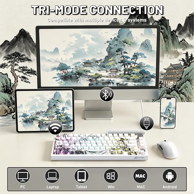 ATTACK SHARK X820Ultra Wireless Mechanical Gaming Keyboard with Screen Hot Swappable 2.4GHz/BT/Wired CNC Knob RGB Backlit Gasket Mount Side Print PBT Keycap QMK Web Driver Gift Switch-White bamboo
