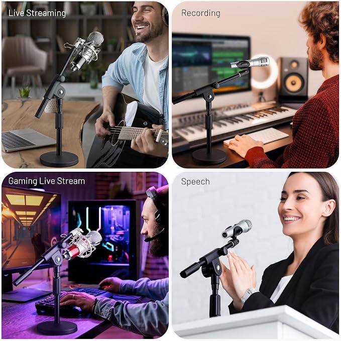 CAHAYA Microphone Stand Desk Adjustable: Boom Arm Mic Stand Desktop with 2 Mic Clips Reinforced Metal Base Table Mic Mount with 3/8" to 5/8" Screw Adapter for Singing Performance Wedding Stage Black