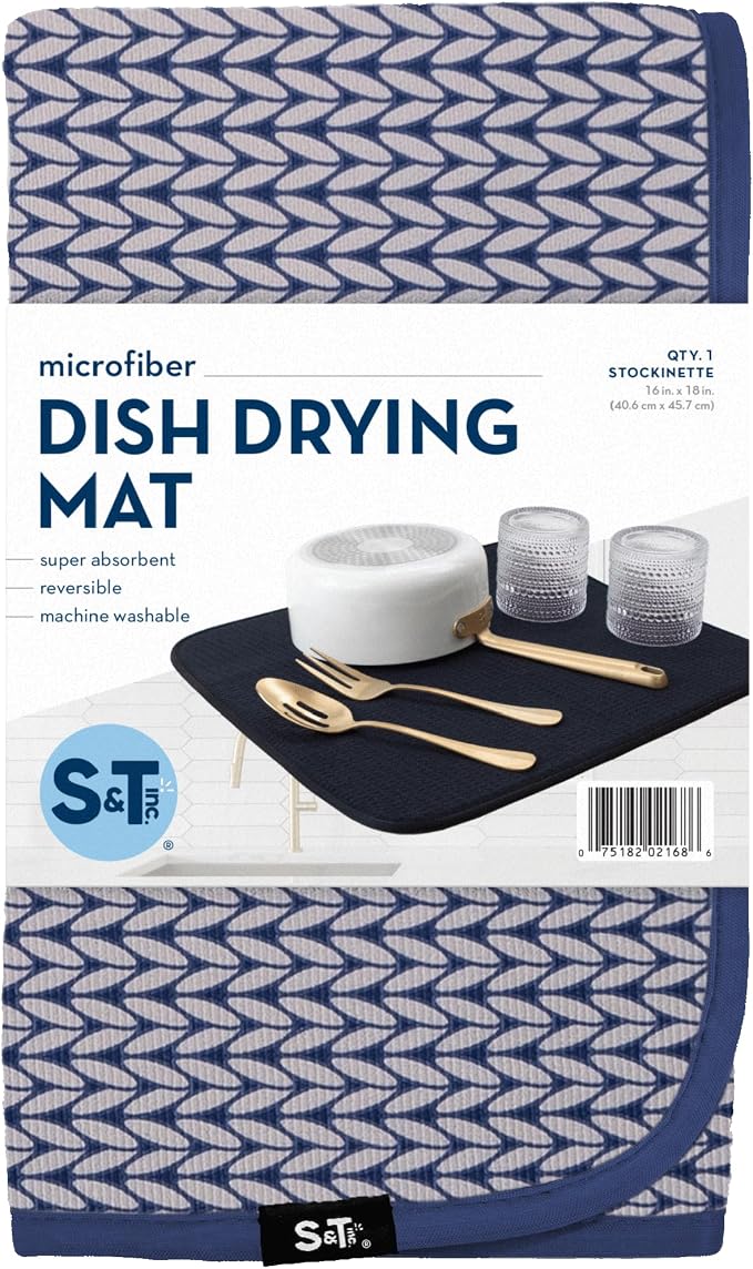 S&T INC. Dish Drying Mat, 16” x 18”, Absorbent Microfiber Kitchen Counter Mat, Dish Drying Pad for Dishes, Utensils, Pots and Pans, Large, Blue Stockinette