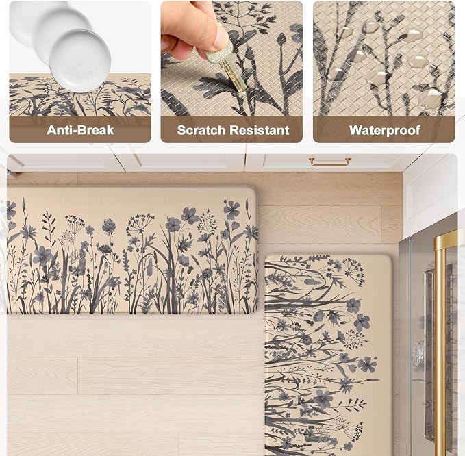 KIMODE Kitchen Anti Fatigue Mats, Farmhouse Kitchen Rugs Sets of 2, Memory Foam Kitchen Mats for Floor, Waterproof Standing Mat for Sink, Laundry, Office, Desk Brown/Gray 17"x59"+17"x29"