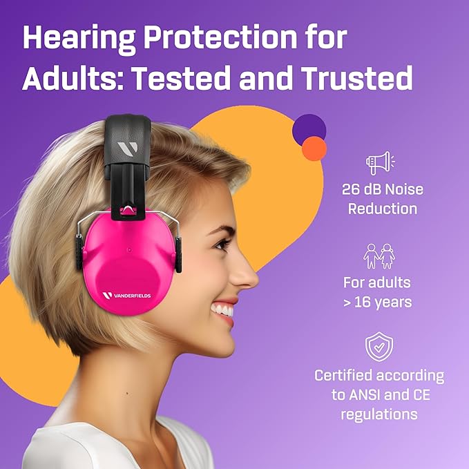 Vanderfields - Hearing Protection Ear Muffs - Over 33 dB (2K Hz) Broad Noise Cancelling Sound Reduction - Adults & Teens