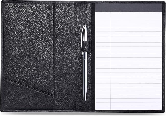 HISCOW Slim Leather Junior Padfolio, 5x8 Notepad Cover, Pebbled Black | Full-grain tumbled cowhide, top-loading legal pad holder, rigid pen loop, quick-access card slot, zipperless boardroom design