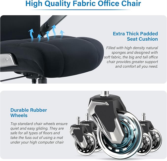 Big and Tall Office Chair 700lbs, Fabric Heavy Duty Executive Desk Chair | 3D Flip Arms, Extra Wide, Upgraded Wheels, Adjustable Lumbar Support, Metal Base, Large Ultra-Soft Ergonomic Computer Chairs