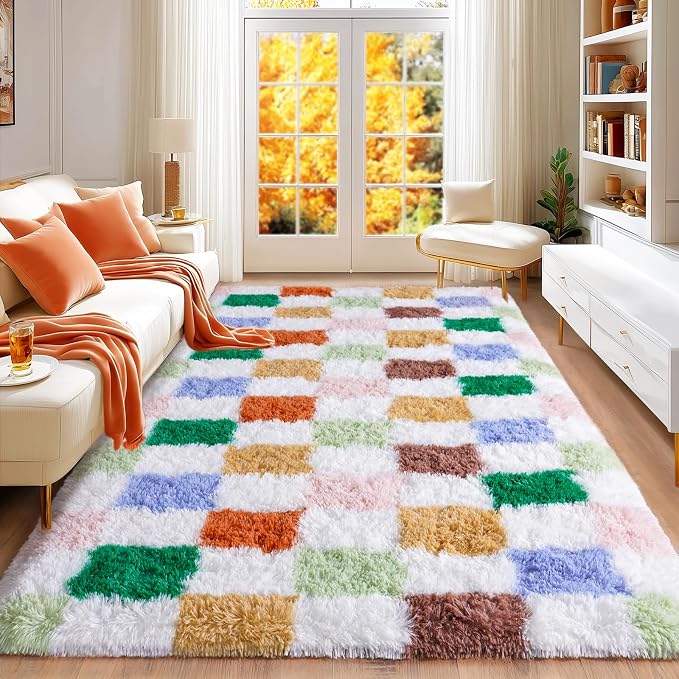Checkered Rug 4x6 for Bedroom, Ultra Fluffy Shag Area Rugs for Living Room, Upgrade Anti-Skid High Pile Soft Rug Fuzzy Carpet for Bedroom Kids Room Nursery, Dorm Home Decor, Green and Orange Colorful