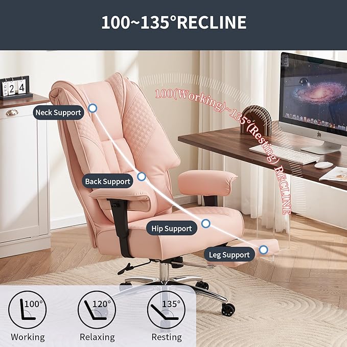 EXCEBET Big and Tall Office Chair 400lbs Wide Seat, Leather High Back Executive Office Chair with Foot Rest, Ergonomic Chairs Lumbar Support for Lower Back Pain Relief (Light Pink)