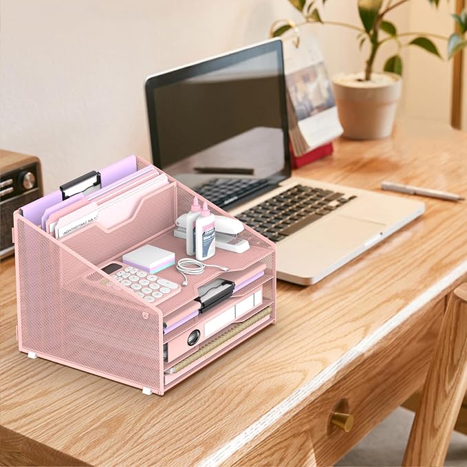 Desk File Organizer, 4 Letter Trays and 2 Upright Sections, Pink | Paper Organizer for Desk with Tiered Letter Trays and Vertical File Holders for Home Office, School and Workspace Use