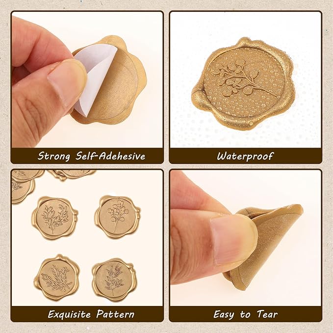 WSICSE 60Pcs Wax Seal Stickers, Wedding Invitation Envelope Seal Stickers Adhesive Backed Light Gold for Wedding, Mother's Day, Gift Wrapping (4 Leaf Styles)
