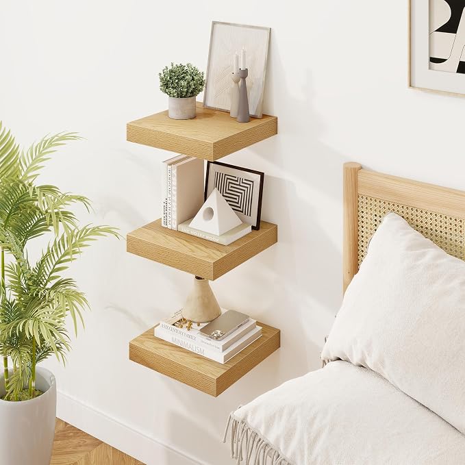 Marsmiles Square Floating Shelves for Wall, 8" W x 8" D x 1.25" H, 3 Pack Small Wall Mounted Engineered Wood Shelves with Invisible Brackets for Living Room, Bedroom, Bathroom, Kitchen Decor, Oak