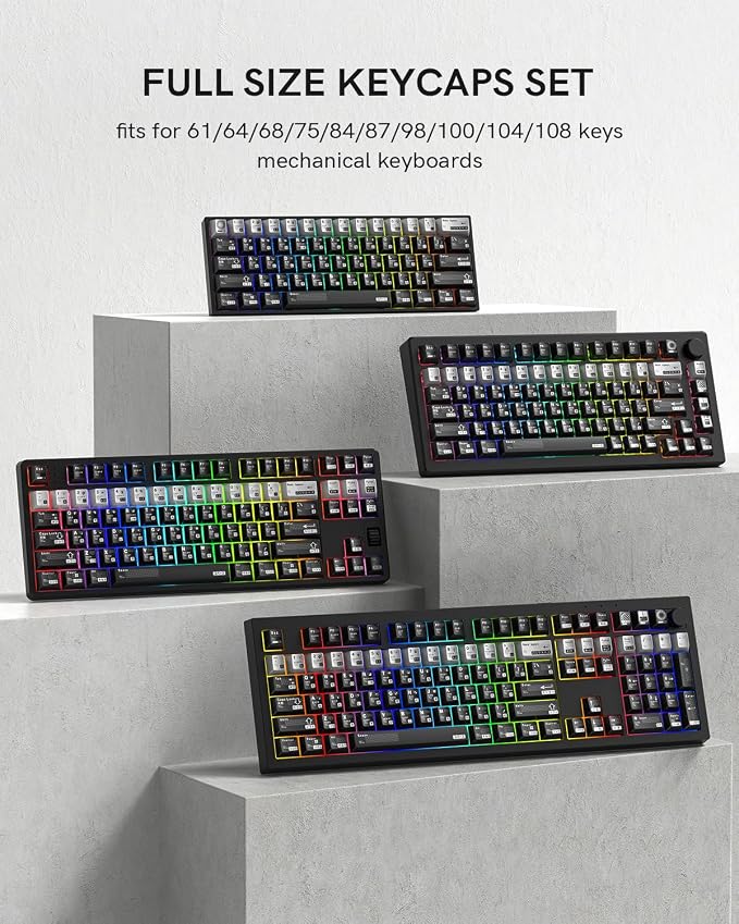 PBT Keycaps with Metal Paint, Janese Style 112-Key Black/Silver Custom Keycap Set dye Sublimation,Cherry Profile Key caps for 61/64/66/68/75/84/87 MX Switches Mechanical Keyboards