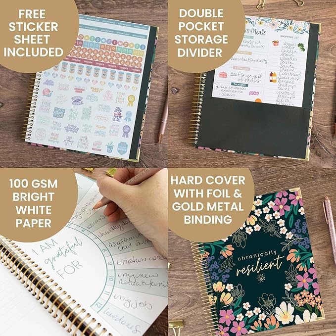 bloom daily planners Undated Chronic Illness Planner & Medical Journal - 12 Month Pain & Symptom Tracker, Mood & Medication Log, Appointment Organizer (7” x 9”) - Chronically Resilient