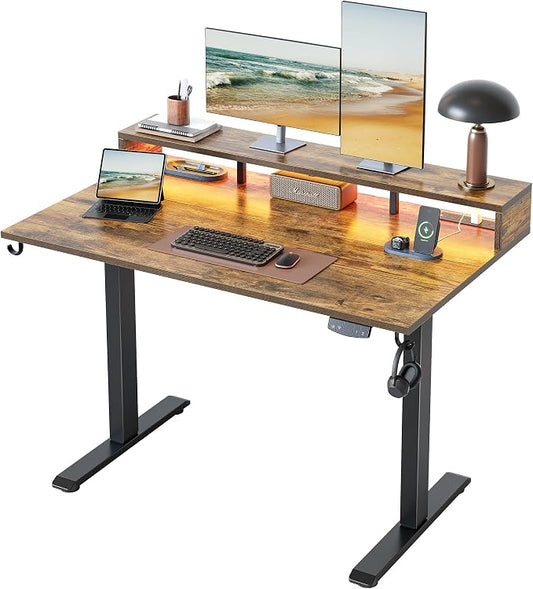 Klicelor Electric Standing Desk with Shelf, 48 Inch Height Adjustable Desk with Power Outlets & LED, Sit Stand Up Table with Monitor Stand, Computer Workstation for Home Office, Rustic Brown