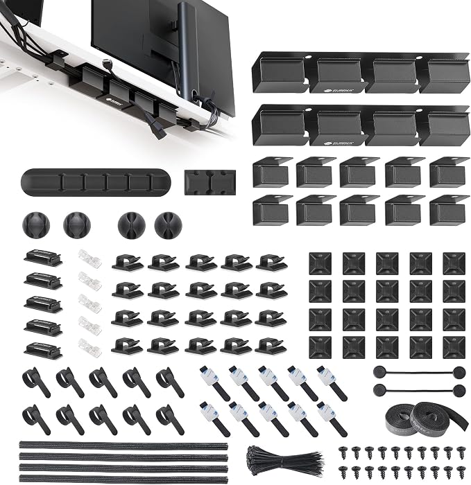 EUREKA ERGONOMIC 316PCS Under Desk Metal Cable Kit, Black | Cable management kit with metal cable tray, 6 cable holders, 4 sleeves, 60 clips, 2 tie rolls, 100 zip ties for organized