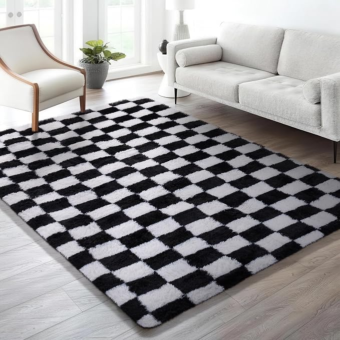 Ophanie Checkered Black & White Rug for Living Room Bedroom,Fluffy Soft Cute Fuzzy Area Rugs,Shag Plush Shaggy Bedside Floor 6x9 Furry Carpet Kids Baby Teen Dorm Decor with Over 99 pcs Pile fibers