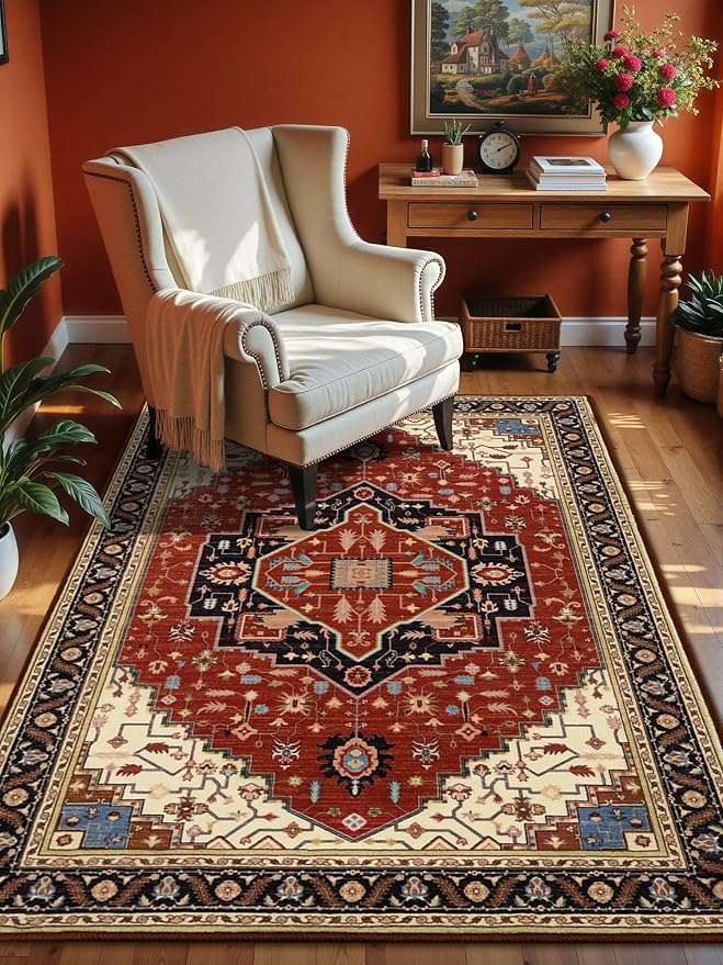 Macgace 3x5 Orange Red Area Rug for Living Room, Machine Washable Rugs with Non-Slip Backing for Bedroom, Vintage Medallion Carpet Kitchen Laundry Kids Room Decor