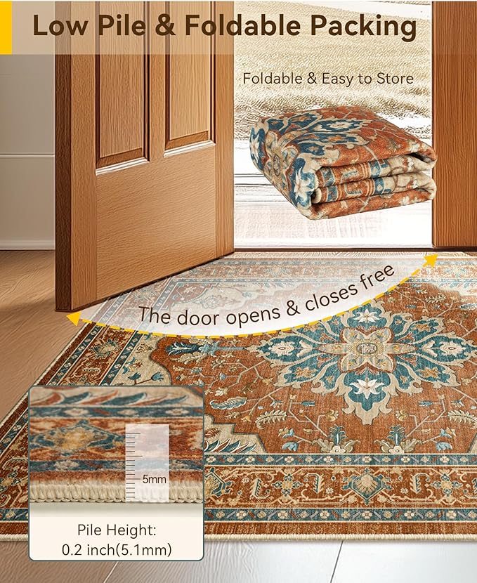 RELEANY Area Rugs Runner 2'x5' Washable Non-Slip, Floral Vintage Distress Medallion Carpet for Kitchen Hallway Bedroom Beside Laundry Room Bathroom, Red Orange Blue Brown
