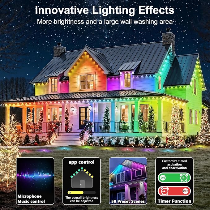 RCUICA 200FT Permanent Outdoor Lights Waterproof with Smart App Control Remote,DIY Scene Modes,Music Sync hronization,Eaves Lights for Garden Decor,Deck,Christmas