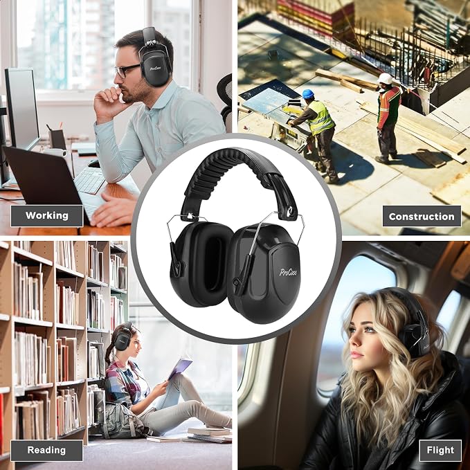 ProCase NRR 28dB Noise Reduction Ear Muffs, Foldable Adjustable Passive Noise Cancelling Headphones for Adults Kids Autism, Hearing Protection for Shooting, Construction, Mowing- Packs, Black