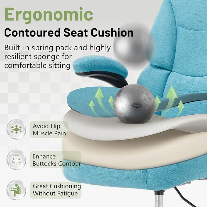 500LBS Drafting Chair, High Back Safer Standing Desk Chair, Executive Tall Office Chair with Flip-up Armrests, Upholstered Fabric Task Chair, Ergonomic Seat with Adjustable Height&Foot Ring, Blue