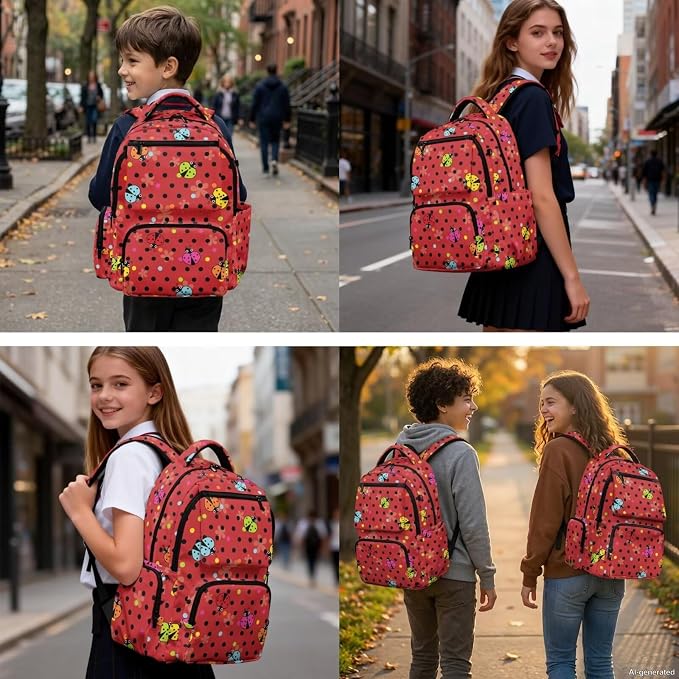 WELLFLYHOM 4 PCS Colorful Polka Dot Ladybug Backpack for Girls Ages 8-12 | 4-Piece Primary School Set With Lunch Box, Pencil Case and Water Bottle Sleeve for Young Girls, Kids Back to School Supplies