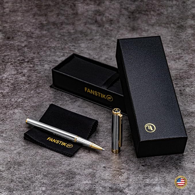 FANSTIK Silver&Gold Luxury Rollerball pen, fancy gift set for women, Real 24K Gold Plating, Professional executive pen gift set for men (Lux Rollerball Silver-Gold)