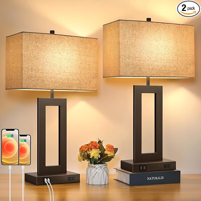 Set of 2 Touch Control Table Lamps with 2 USB Ports&AC Outlet, 3-Way Dimmable Modern Nightstand Lamp Sets, Brown Bedside Desk Lamps for Bedroom Living Room End Tables, Bulbs Included, Cream Shade