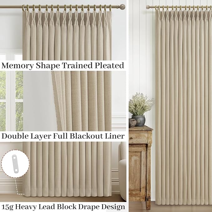 Natural Linen Double Layer Blackout Memory Trained Pinch Pleated Cafe Curtains 78 Inches Long 2 Panels Set, Heat Blocking Noise Cancelling Window Drapes with Back Tab 40W x 78L Room Darkening