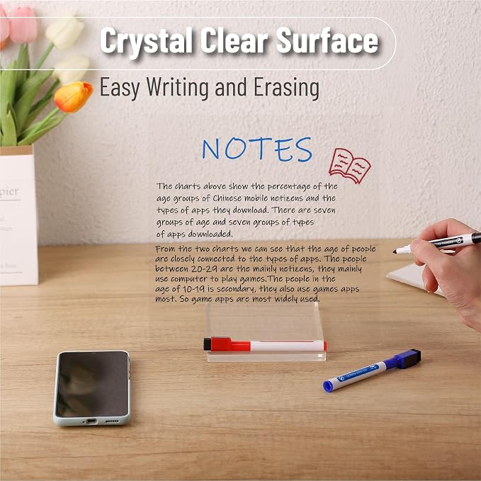 Mr. Pen- Clear Acrylic Dry Erase Board with Stand, 10x10 Inches | Reusable Desk Whiteboard with 3 Markers, Portable Dry Erase Board for Notes and Reminders, Desk Whiteboard for Office