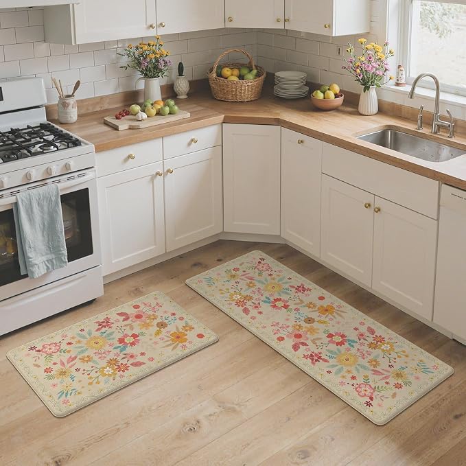 GENIMO Anti Fatigue Kitchen Mats for Floor 2PCS, Cushioned Standing Mats | 17.3"x47"&17.3"x30", Beige vintage floral rug set, waterproof, non slip, easy-clean for farmhouse