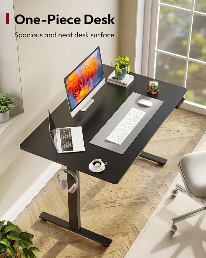 SANODESK One-Piece Electric Standing Desk, Seamless 48 x 30'' Ergonomic Height Adjustable Sit Stand Desk with Memory Presets for Home Office Computer Workstation, Black Frame/Black Top