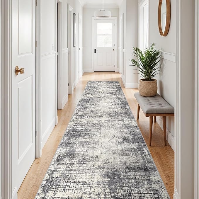 3x12 Hallway Washable Runner Rug - Non-Slip Kitchen Rugs with Rubber Backing Abstract Neutral Low-Pile Carpet Runners for Laundry Room Home Decor Bedroom Bathroom Entryway (Gray Beige,3x12)