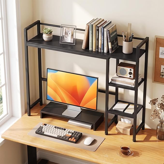 Tangkula 4-Tier Desktop Bookshelf, 38.5" Dorm Desk Hutch, Black | Tabletop Hutch for Computer Monitor, 4 Open Storage Shelves, Anti-tip Device, Desktop Display Shelves for Home Office