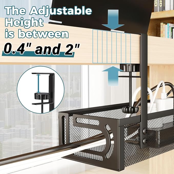 Cable Management Under Desk, 25.3'' No Drill Desk Cable Management Tray with Clamp, Metal Cord Organizer for Standing Desk, Computer Wire Management for Home Office & Gaming Setup, Black