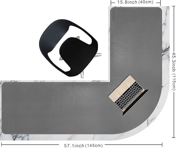 Chihein L-Shaped PU Leather Desk Pad (41.3” + 41.3”) x 12.99”(Gray/White), Reversible Gaming Corner Desk Mat, Computer Office Mouse Pad for Home Office