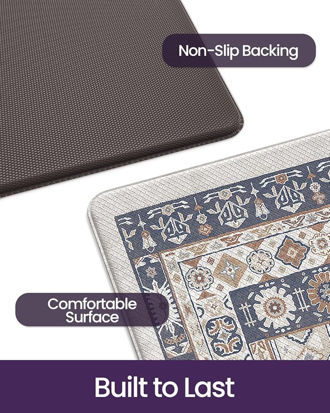 DEXI Kitchen Floor Mats Anti Fatigue, 23x86 Large Cushioned Vintage Runner Rug Waterproof, Standing Comfort Memory Foam Padded for Front Sink Laundry Office, White Grey