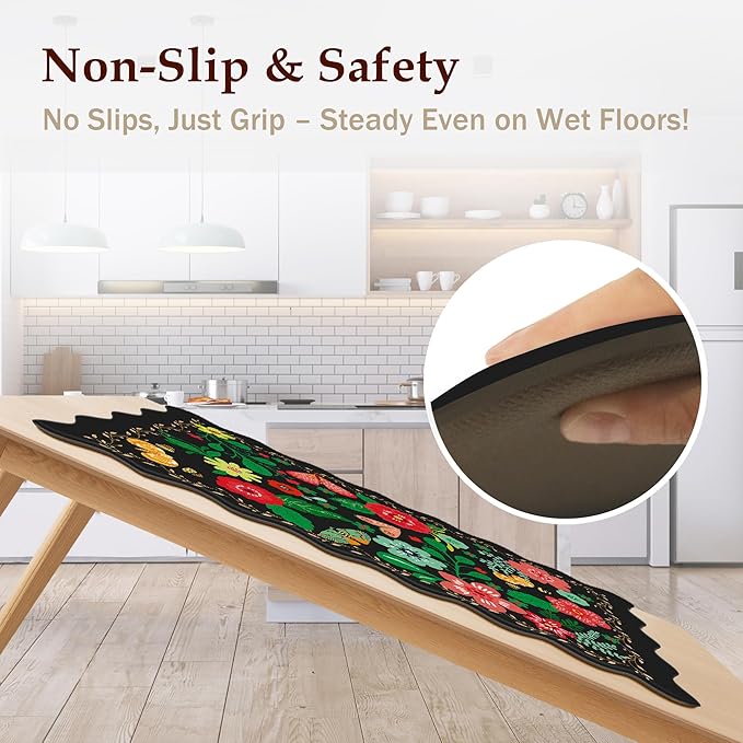 Scalloped Black Kitchen Mats for Floor Cushioned Anti Fatigue Kitchen Mats Rugs Waterproof Non Slip Farmhouse Boho Floral Comfort Foam Standing Mat for Sink Laundry, 17.3x59